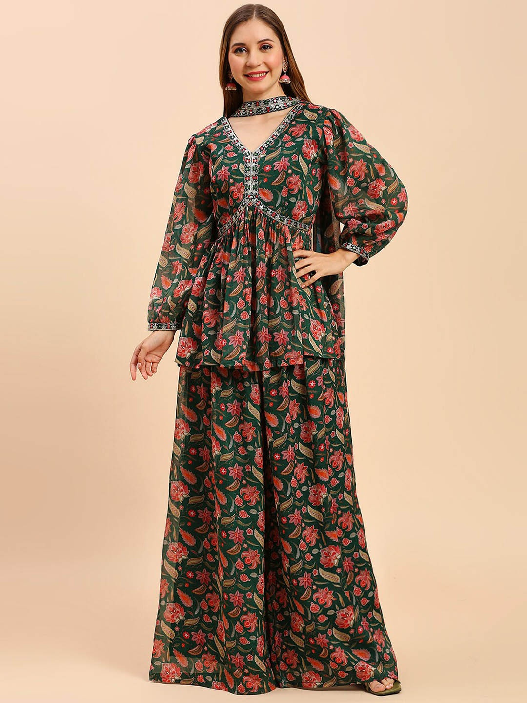 

MADHURAM Printed Regular Silk Georgette Top with Palazzos & With Dupatta, Green