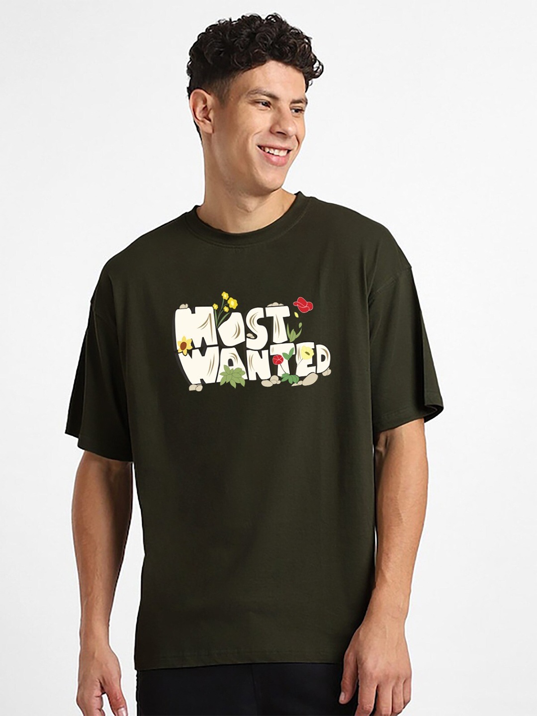 

MISCHIEF MONKEY Typography Printed Round Neck Oversized T-shirt, Olive