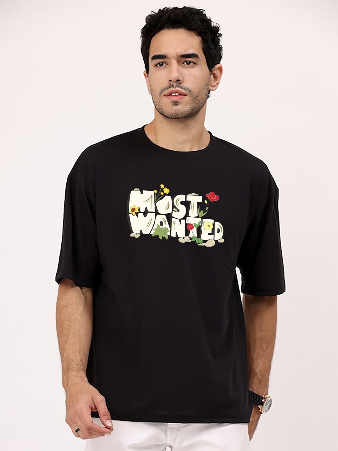 

MISCHIEF MONKEY Typography Printed Round Neck Pure Cotton Oversized T-shirt, Black