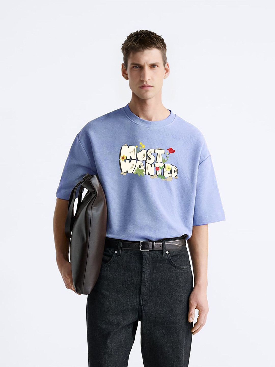 

MISCHIEF MONKEY Typography Printed Drop Shoulder Sleeves Pure Cotton Oversized T-shirt, Lavender