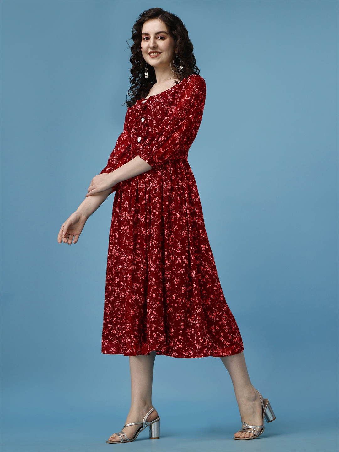 

Trillmixa Floral Printed Georgette Fit & Flare Midi Dress, Red
