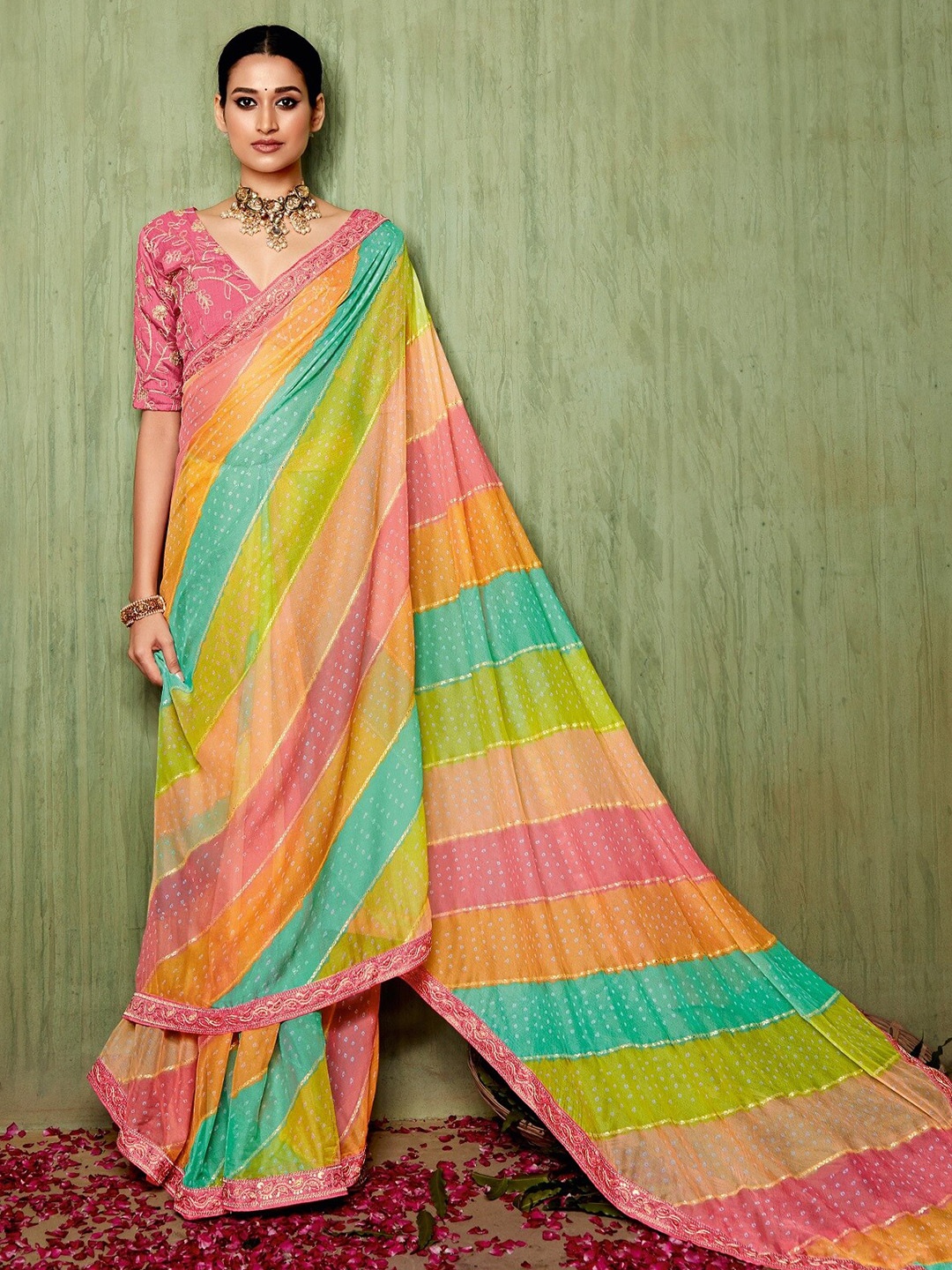 

Mitera Yellow & Green Printed Embroidered Bandhani Saree