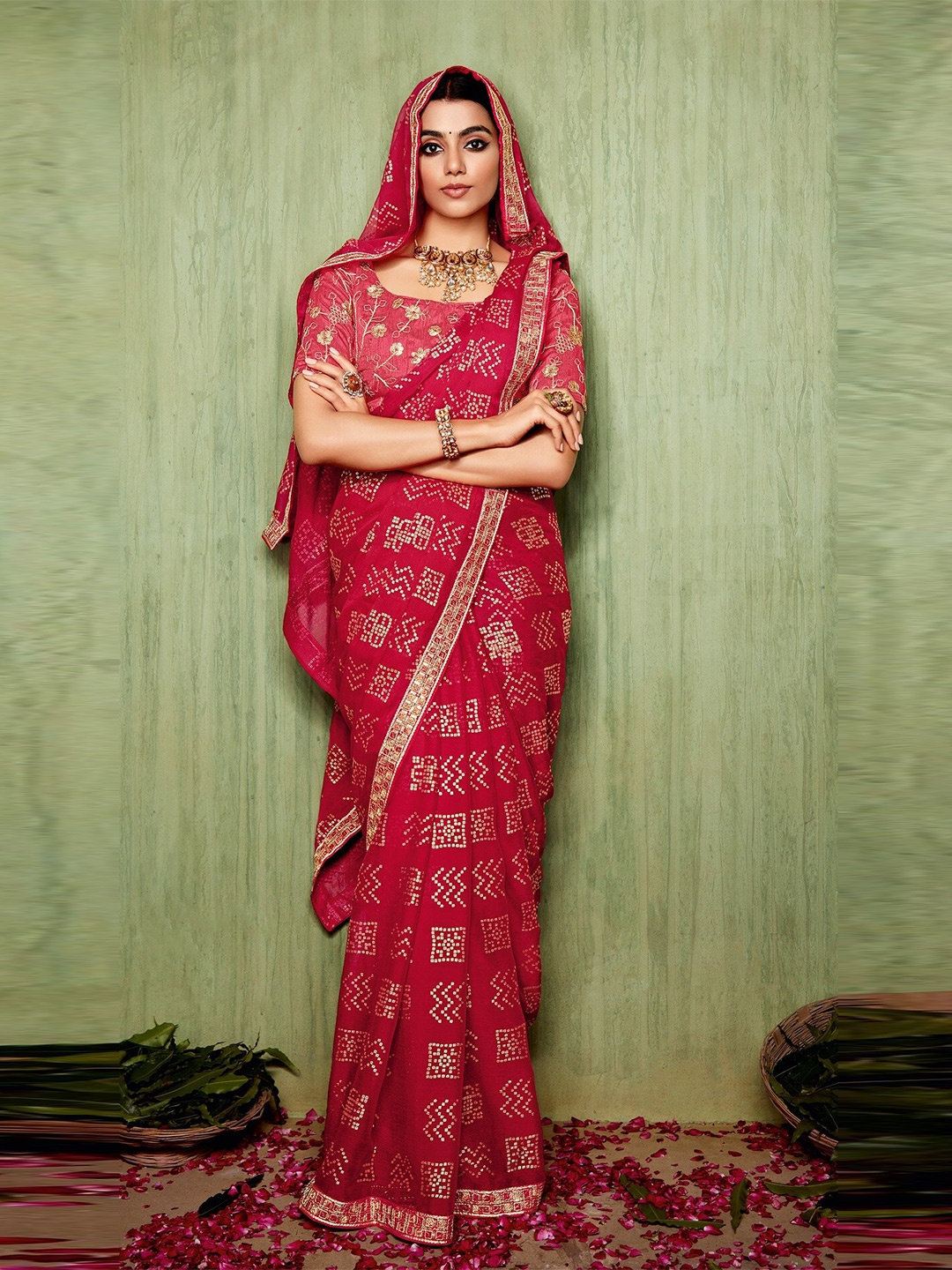 

Mitera Red Bandhani Printed Bandhani Saree