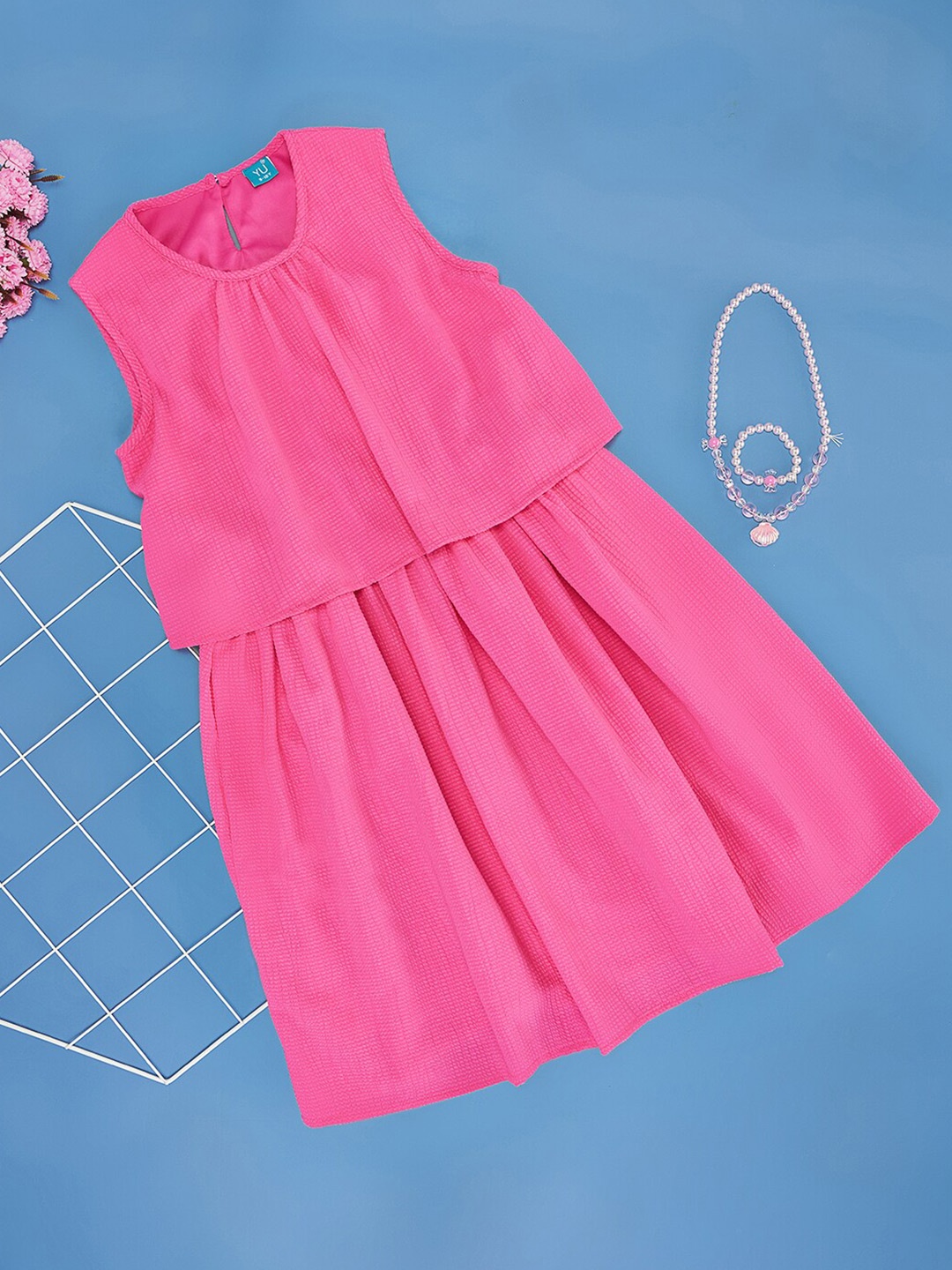 

YU by Pantaloons Girls Self Design Sleeveless Peplum Dress, Pink