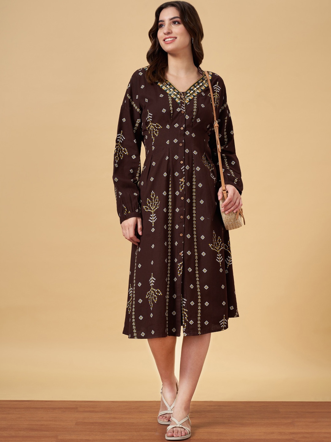 

YU by Pantaloons Ethnic Print A-Line Cotton Midi Dress, Brown