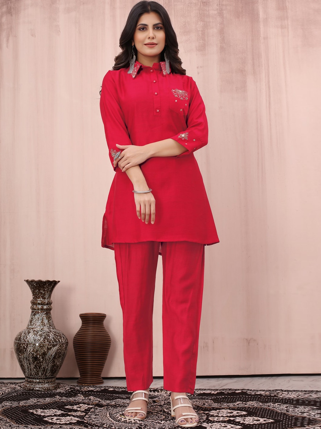 MINGORA Embroidered Pure Silk Top & Trousers Co-Ords, Red