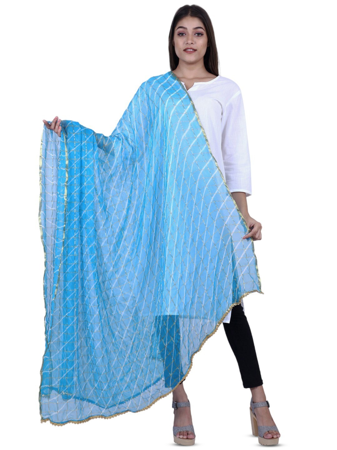 

Alakh Creation Leheriya Printed Zari Chiffon Dupatta, Turquoise blue
