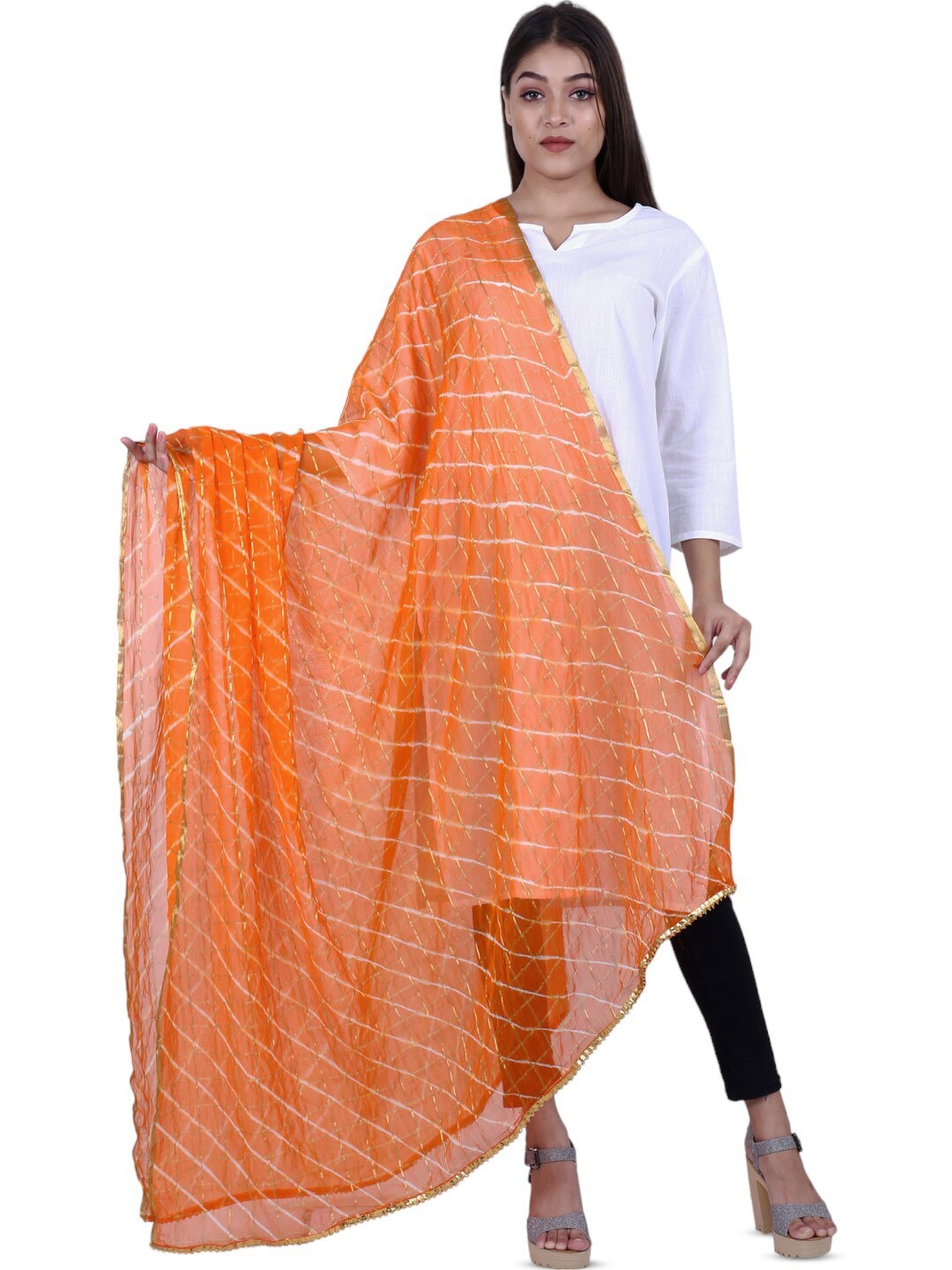 

Alakh Creation Leheriya Printed Zari Detailed Chiffon Dupatta, Orange