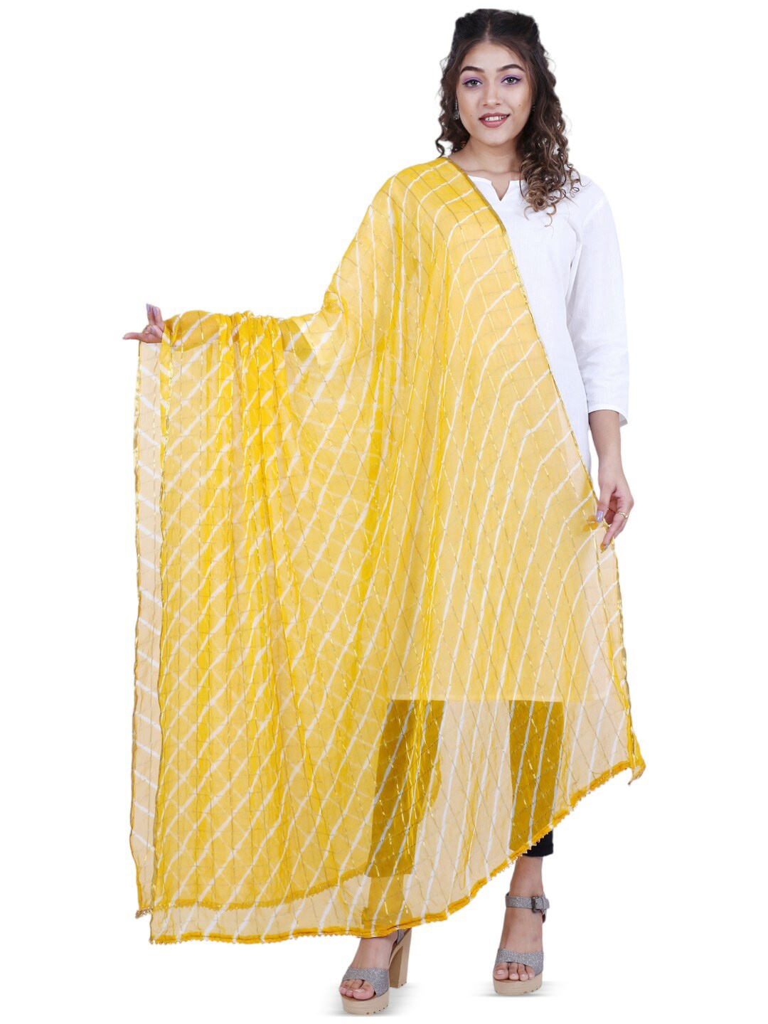 

Alakh Creation Leheriya Printed Zari Detailed Chiffon Dupatta, Yellow