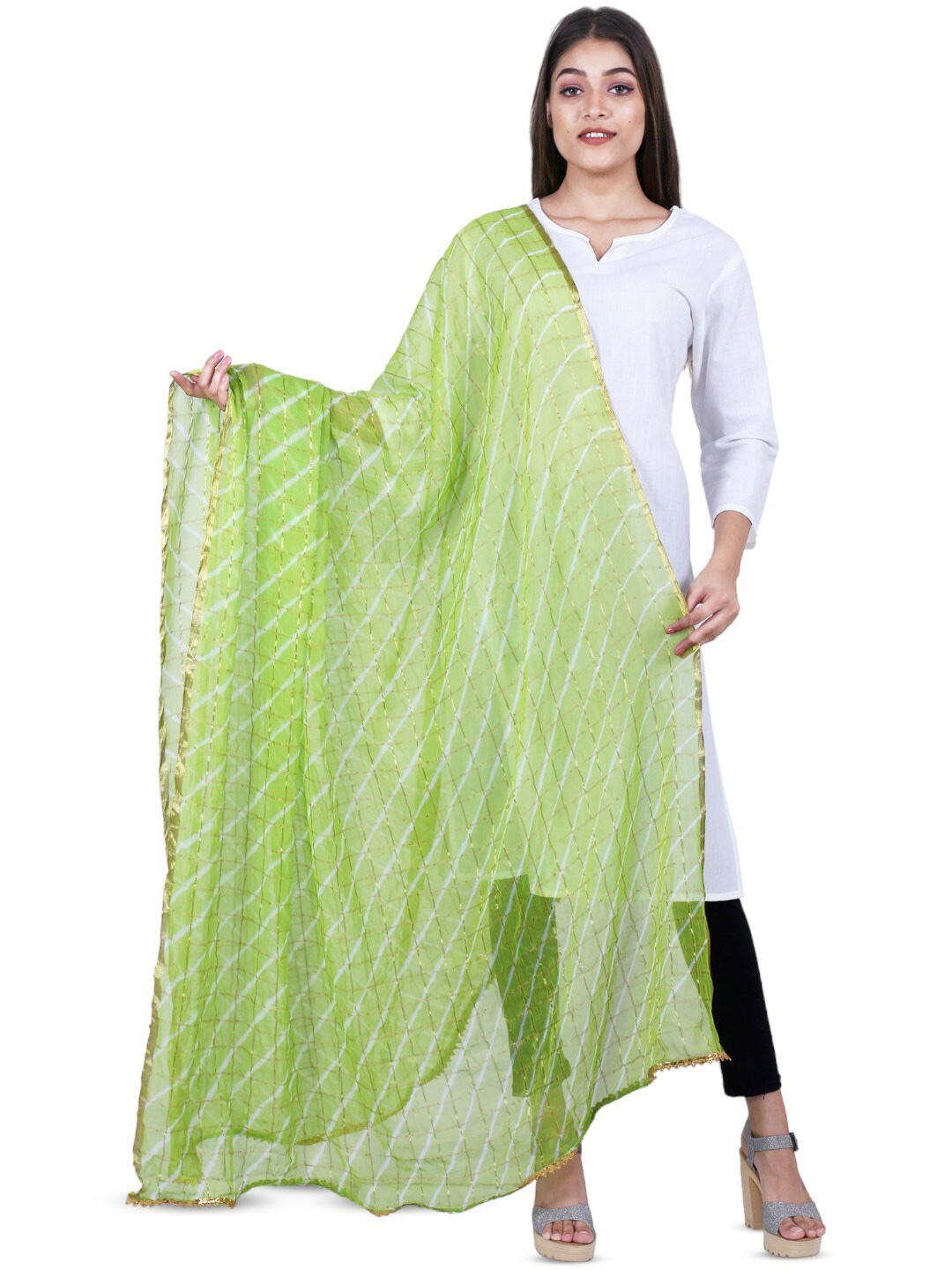 

Alakh Creation Leheriya Printed Zari Detailed Chiffon Dupatta, Lime green