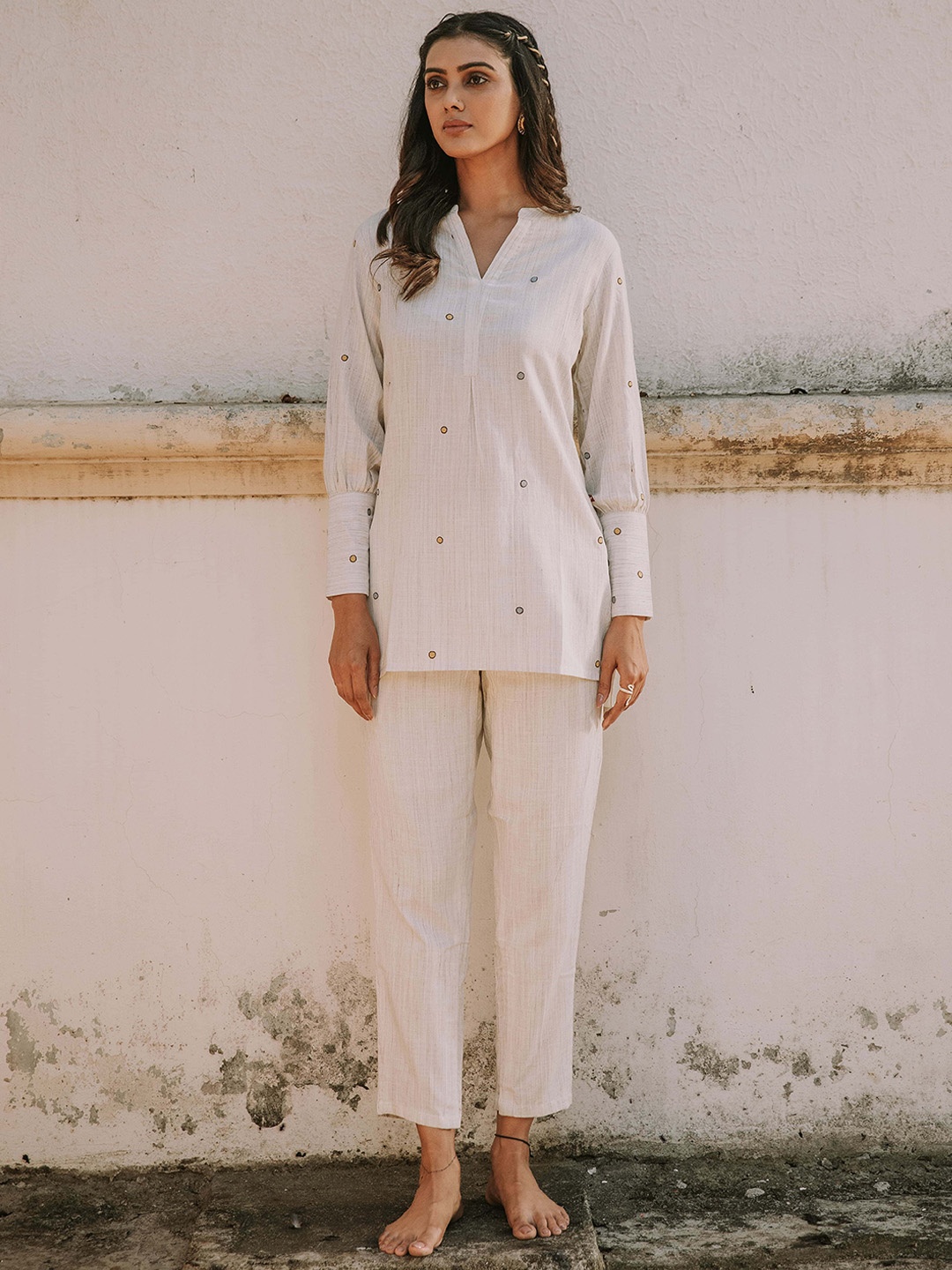 

Stylefables Embroidered Pure Cotton Night Suit, Off white