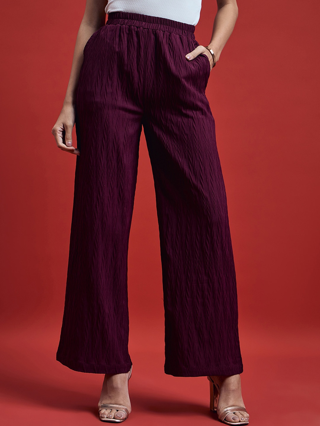 

all about you Women Burgundy Relaxed Textured High-Rise Plain Parallel Trousers