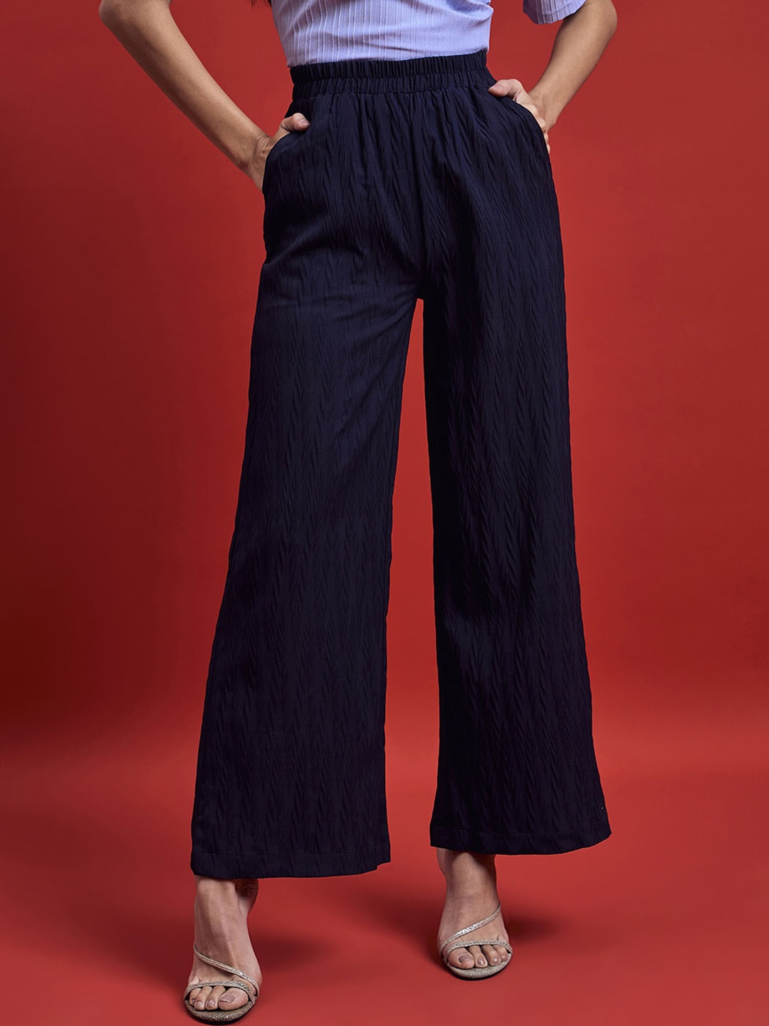 

all about you Women Navy Blue Relaxed Textured High-Rise Plain Parallel Trousers