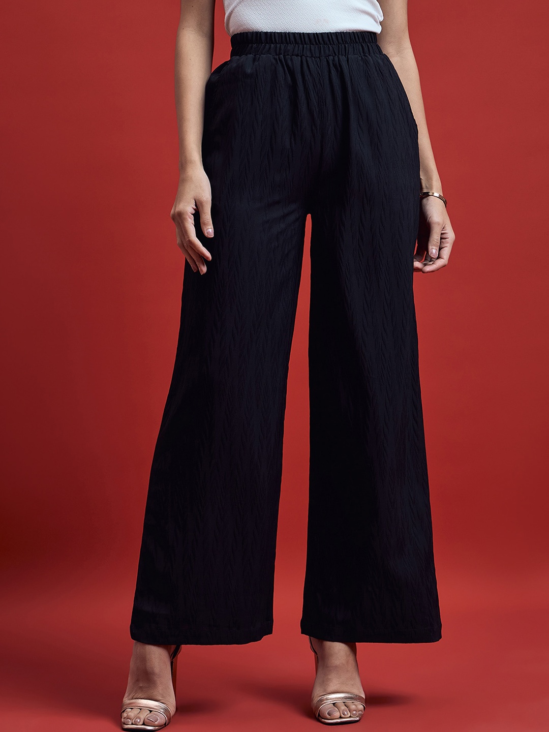 

all about you Women Black Relaxed Textured High-Rise Plain Parallel Trousers