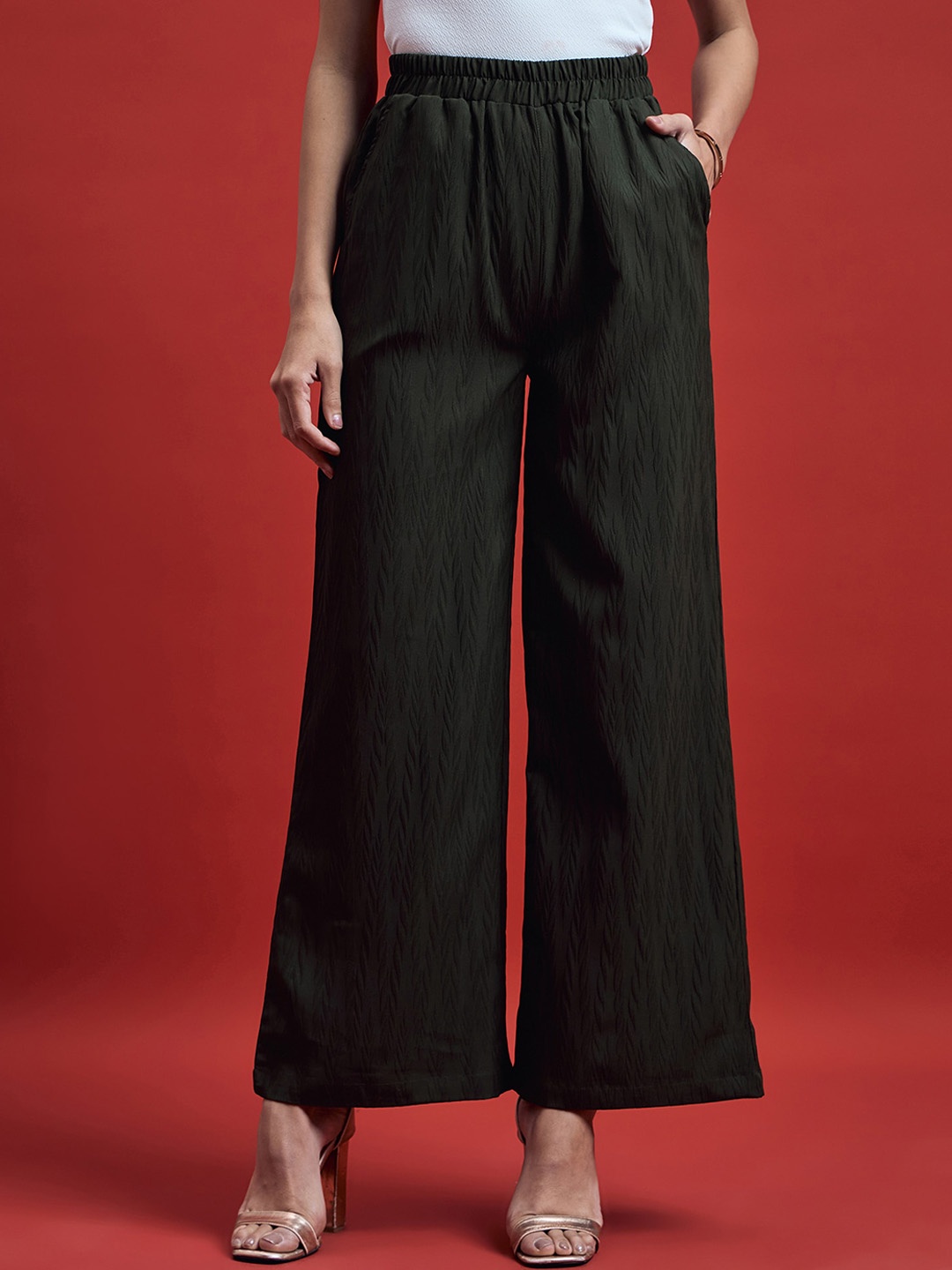 

all about you Women Olive Green Relaxed Textured High-Rise Plain Parallel Trousers