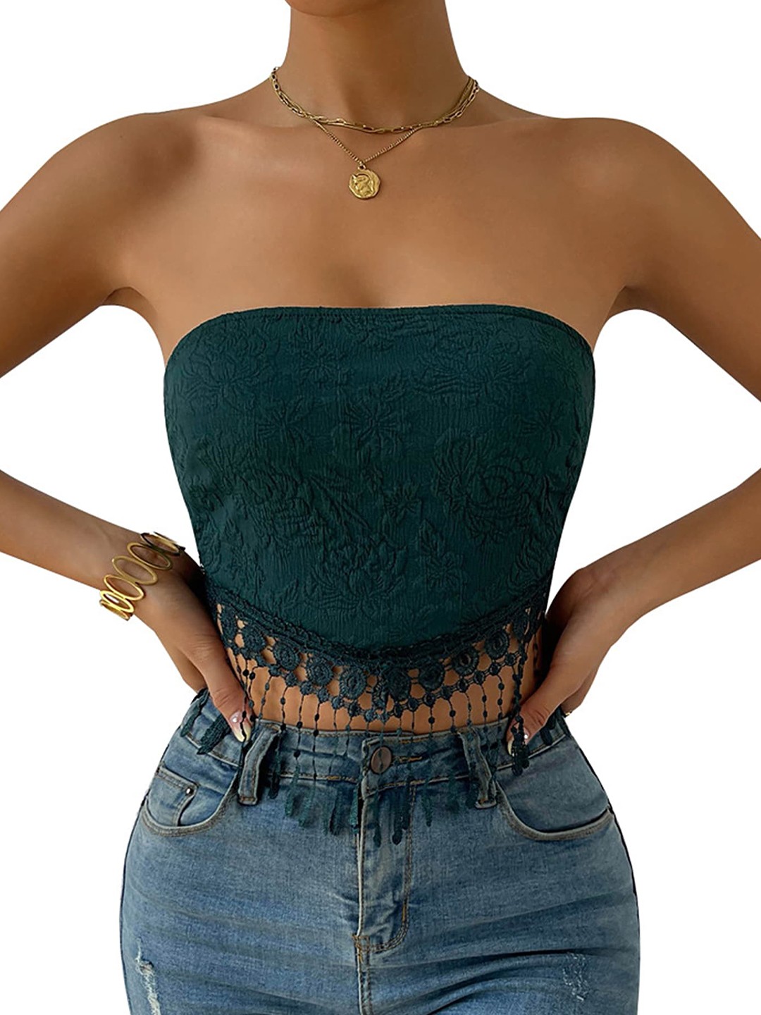 

LULU & SKY Self Design Knot-Tie Fringed Tube Crop Top, Green