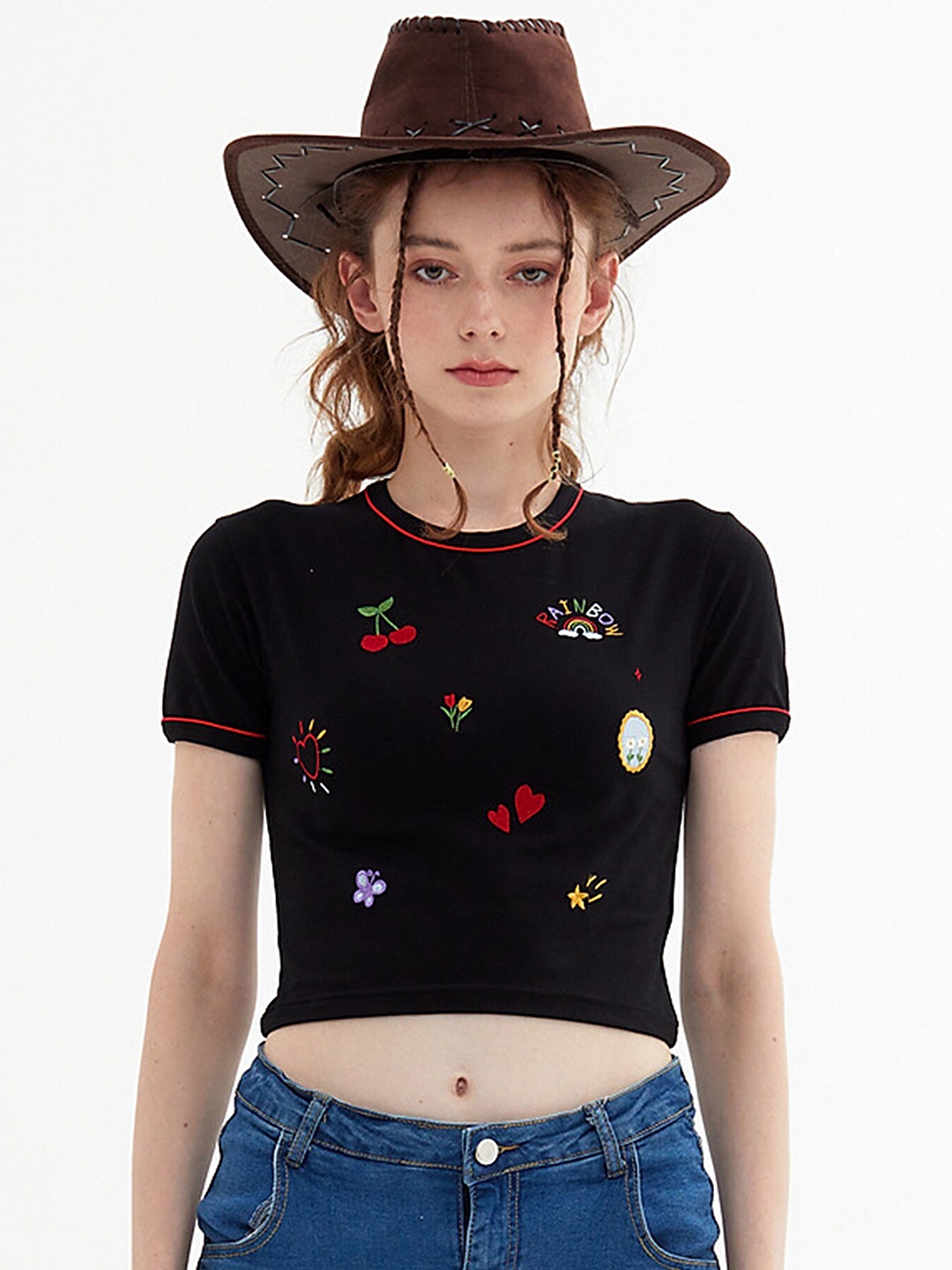 

LULU & SKY Conversational Printed Cotton Crop Top, Black