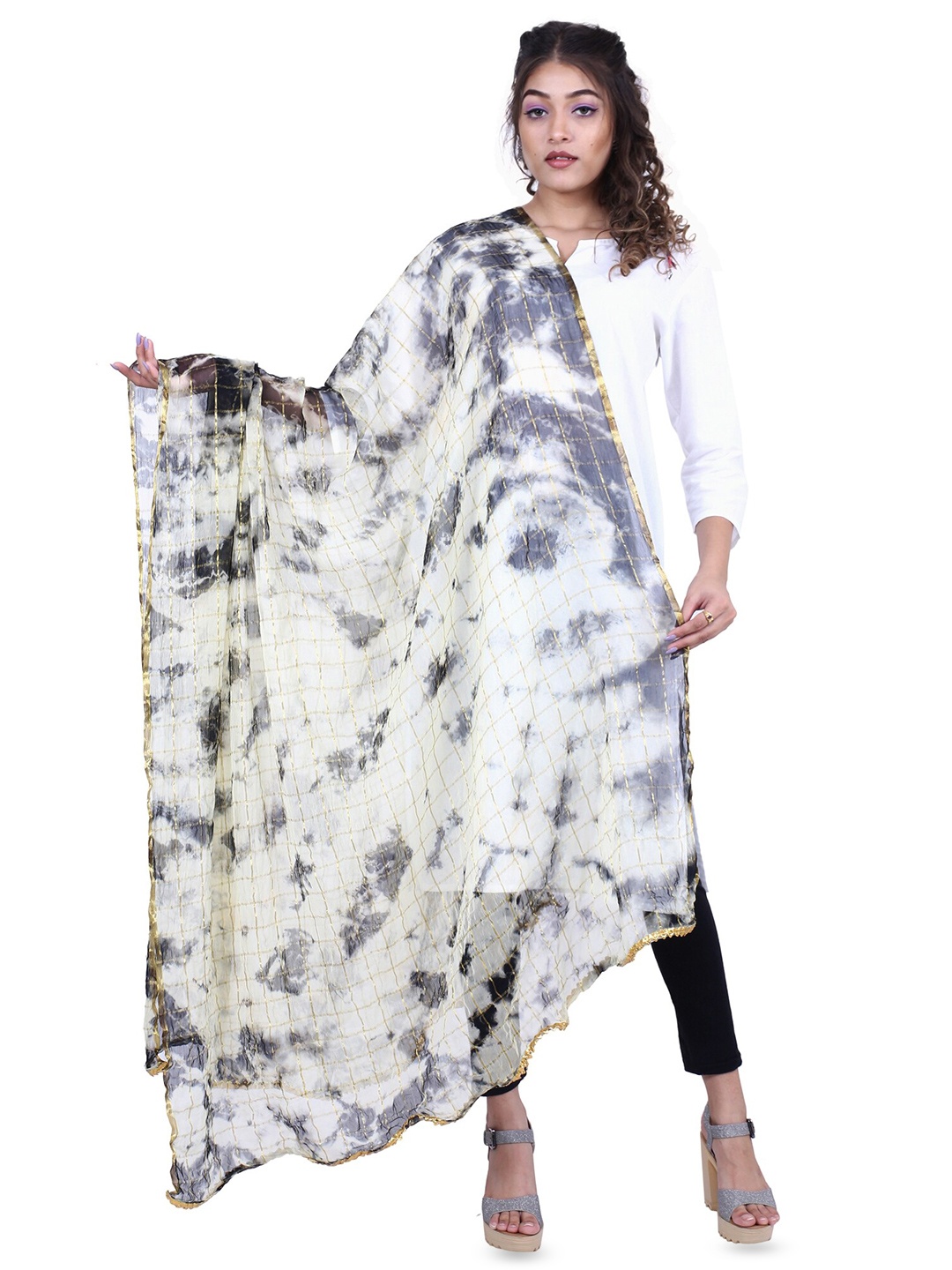 

Alakh Creation Checked Zari Detailed Batik Chiffon Dupatta, White