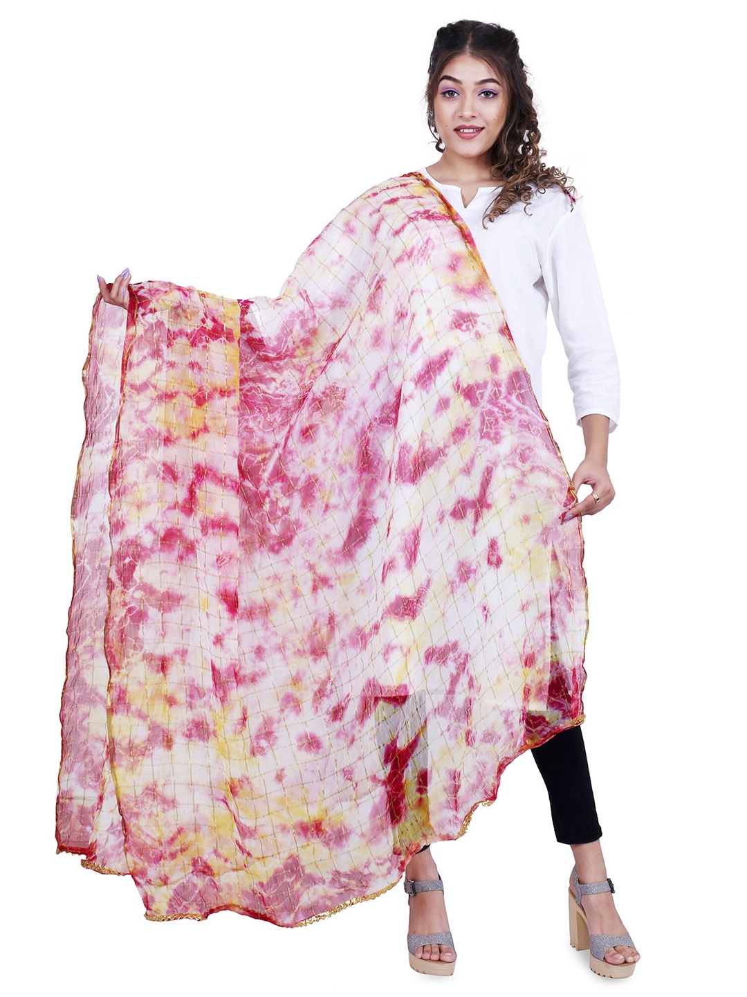 

Alakh Creation Tie & Dye Printed Dupatta with Zari, White