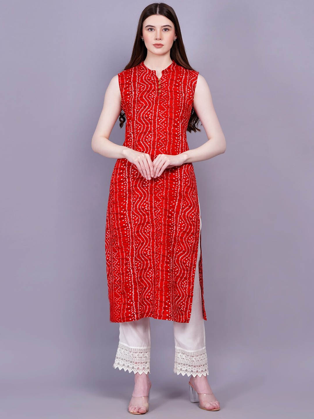 

HIGHLIGHT FASHION EXPORT Bandhani Printed Mandarin Collar Straight Kurta, Red