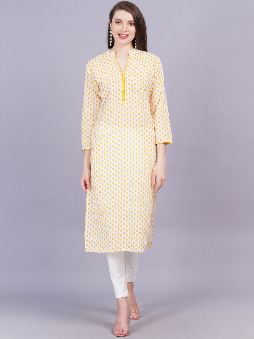 

HIGHLIGHT FASHION EXPORT Ethnic Motifs Printed Mandarin Collar Straight Kurta, Yellow