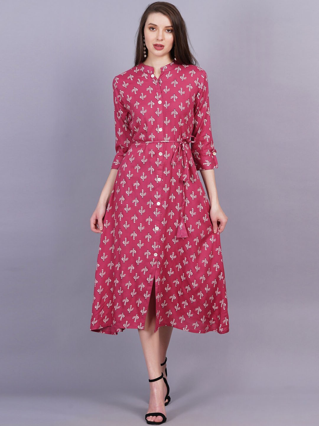 

HIGHLIGHT FASHION EXPORT Ethnic Motifs Printed Mandarin Collar Dress, Purple