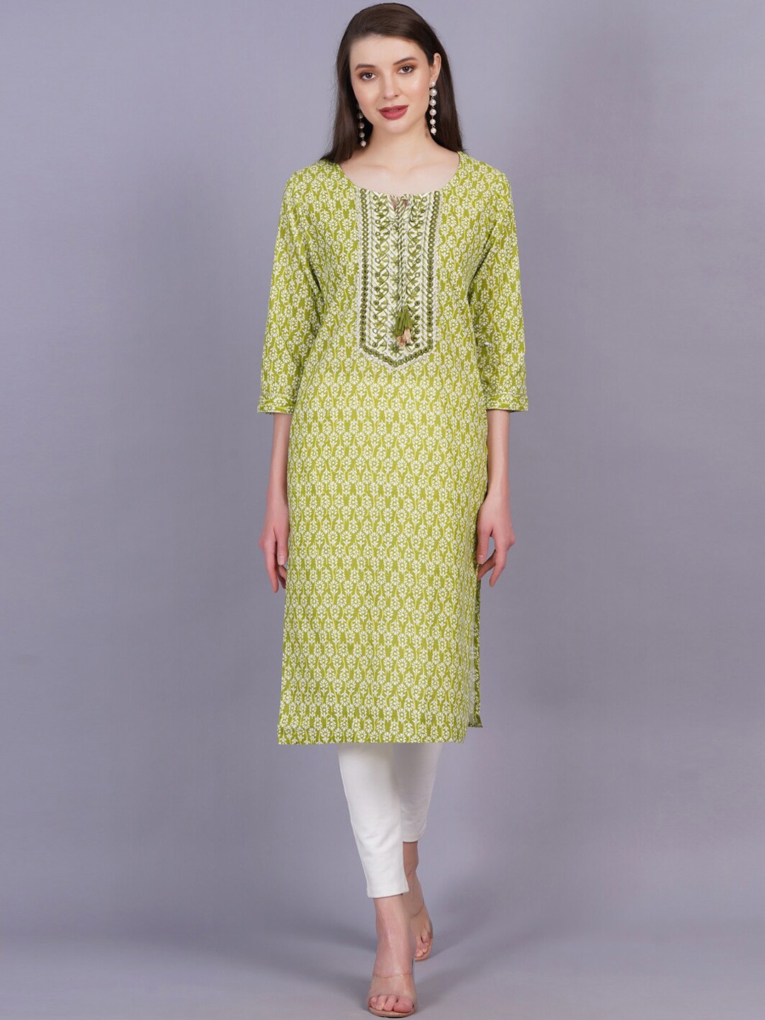 

HIGHLIGHT FASHION EXPORT Ethnic Motifs Printed Mirror Work Pure Cotton Straight Kurta, Grey