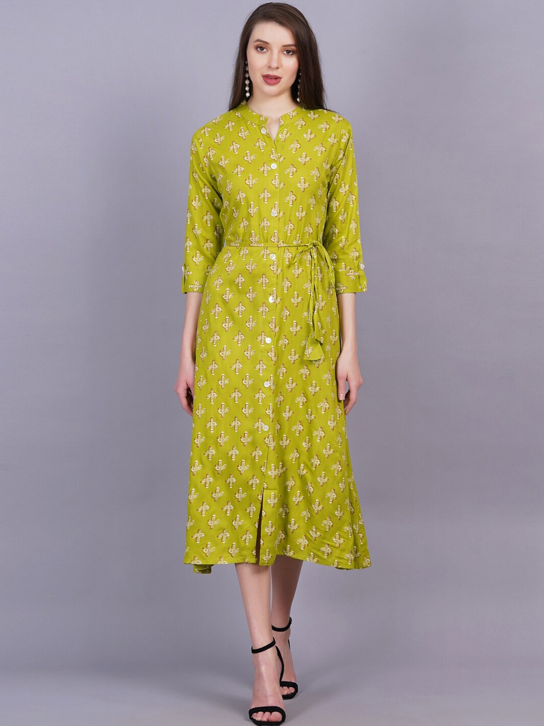 

HIGHLIGHT FASHION EXPORT Ethnic Motifs Printed Mandarin Collar Belt Kurta, Green