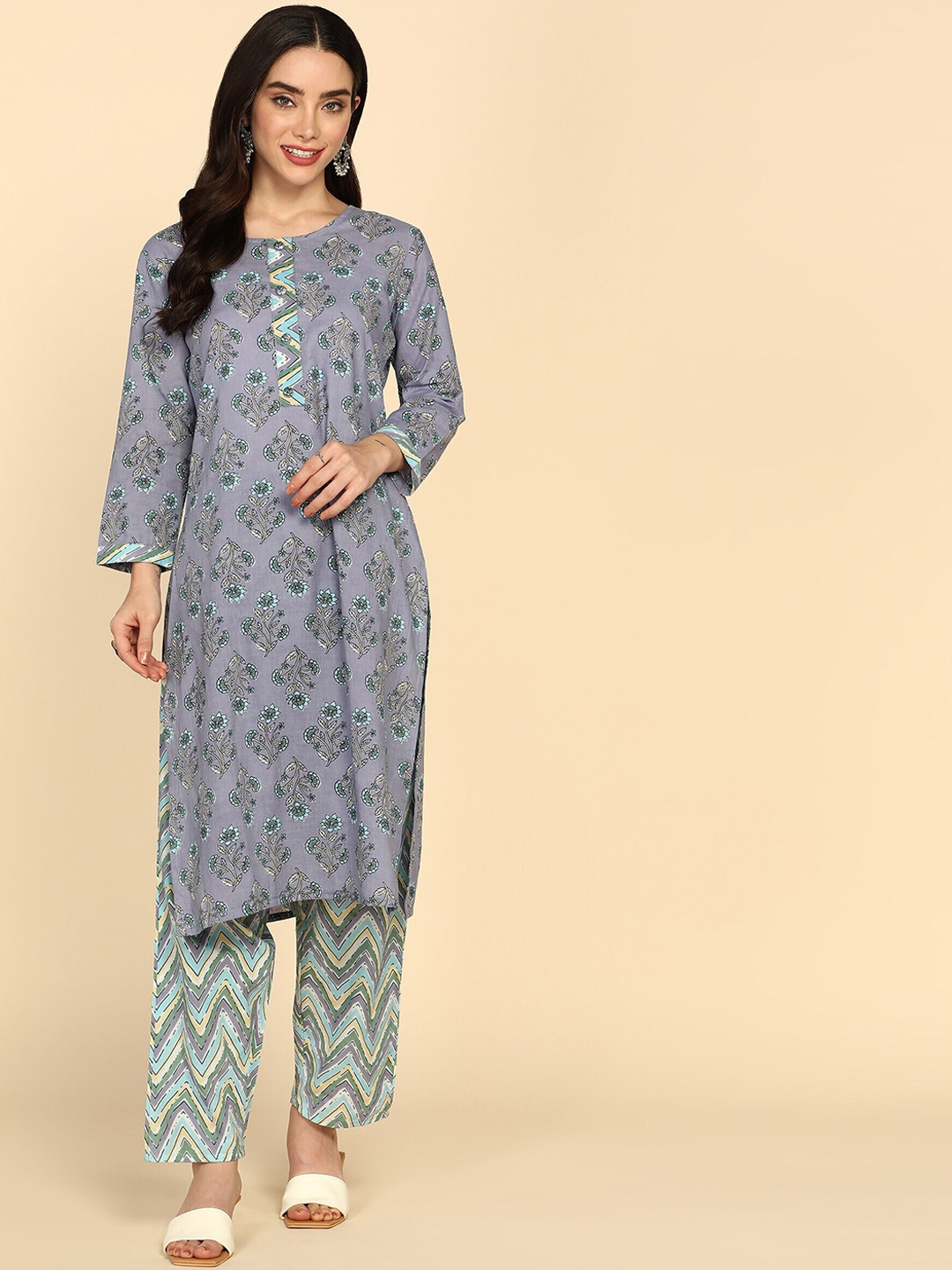 

P3D CREATION Floral Printed Round Neck Pure Cotton Kurta with Trousers & Dupatta, Turquoise blue