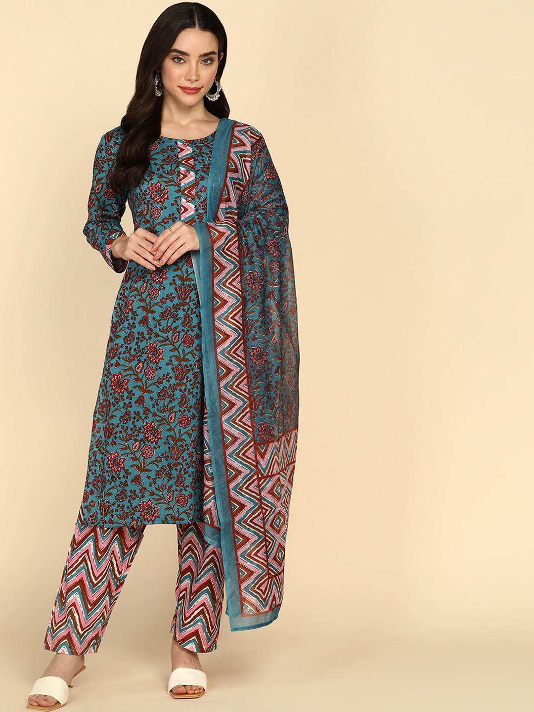 

P3D CREATION Floral Printed Round Neck Pure Cotton Kurta with Trousers & Dupatta, Blue