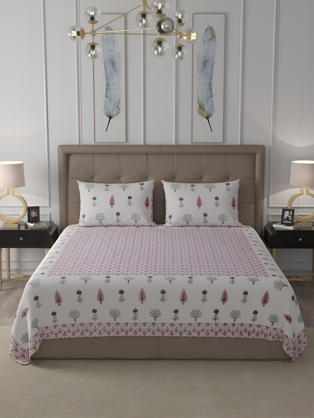 

BLEEDING HEART Grey & Pink Floral Cotton 120 TC Queen Bedsheet with Pillow Covers