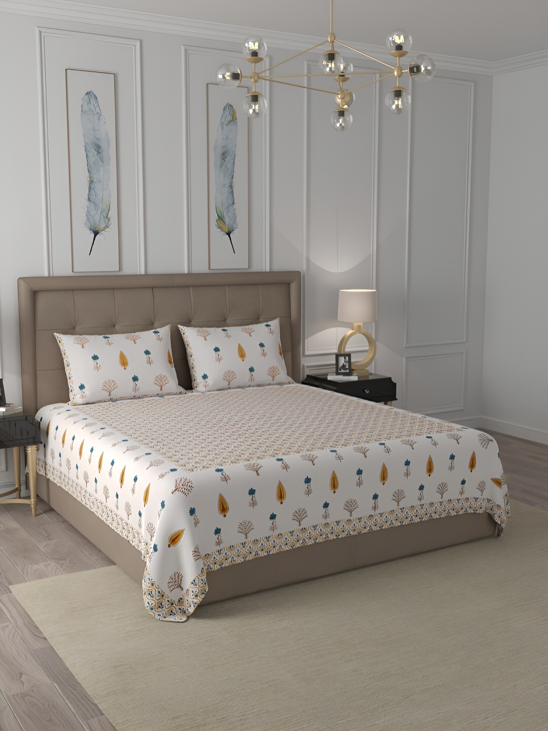 

BLEEDING HEART White & Brown Floral Cotton 120 TC Queen Bedsheet with Pillow Covers