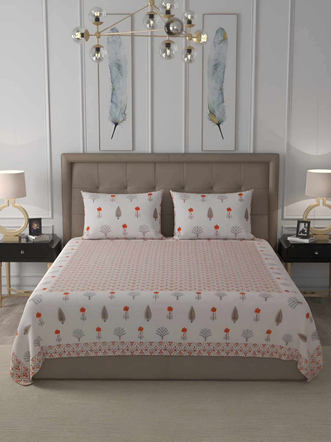 

BLEEDING HEART White & Red Floral Cotton 120 TC Queen Bedsheet with Pillow Covers