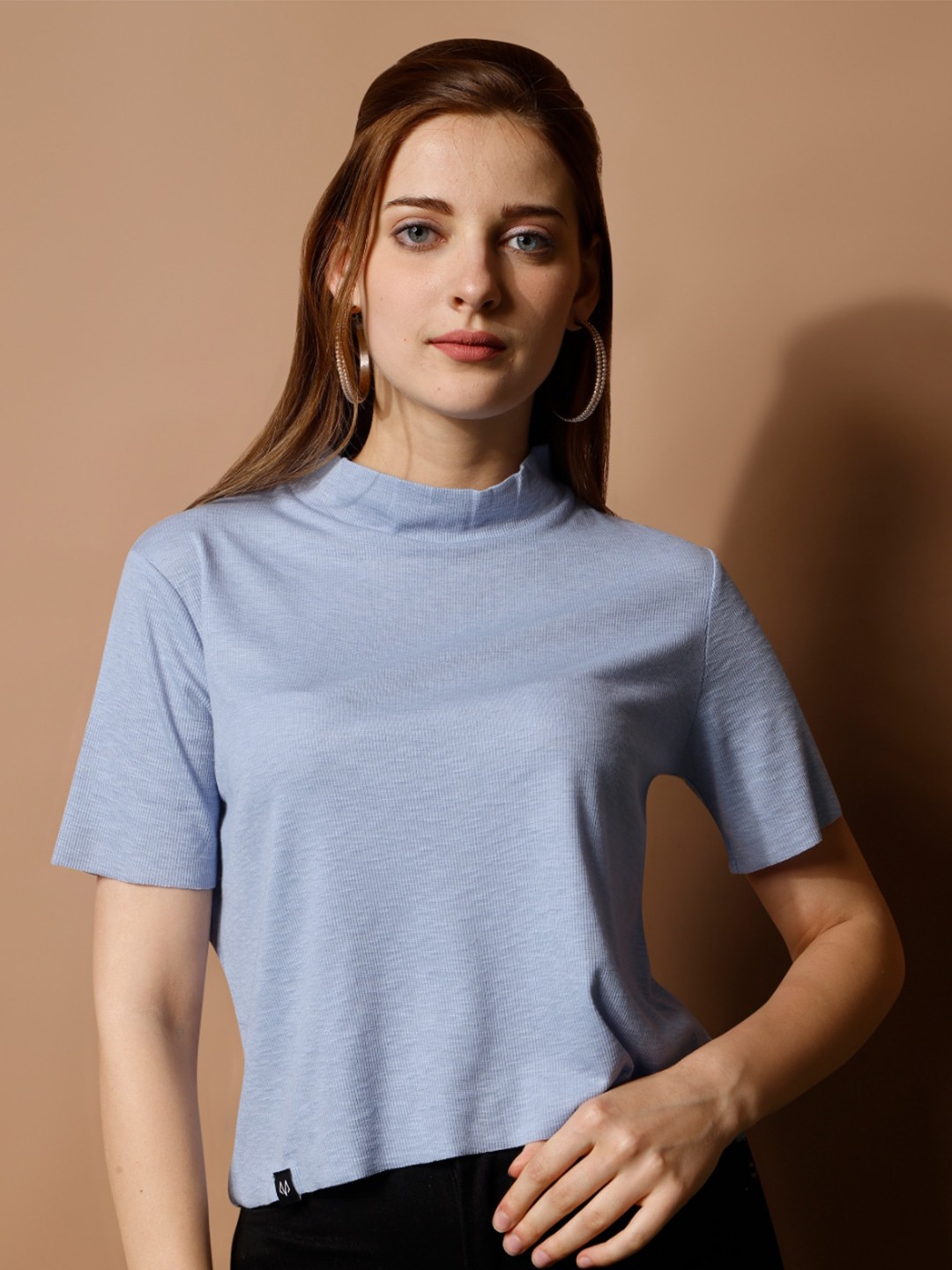 

WESTHOOD High Neck Short Sleeves Cotton Top, Grey