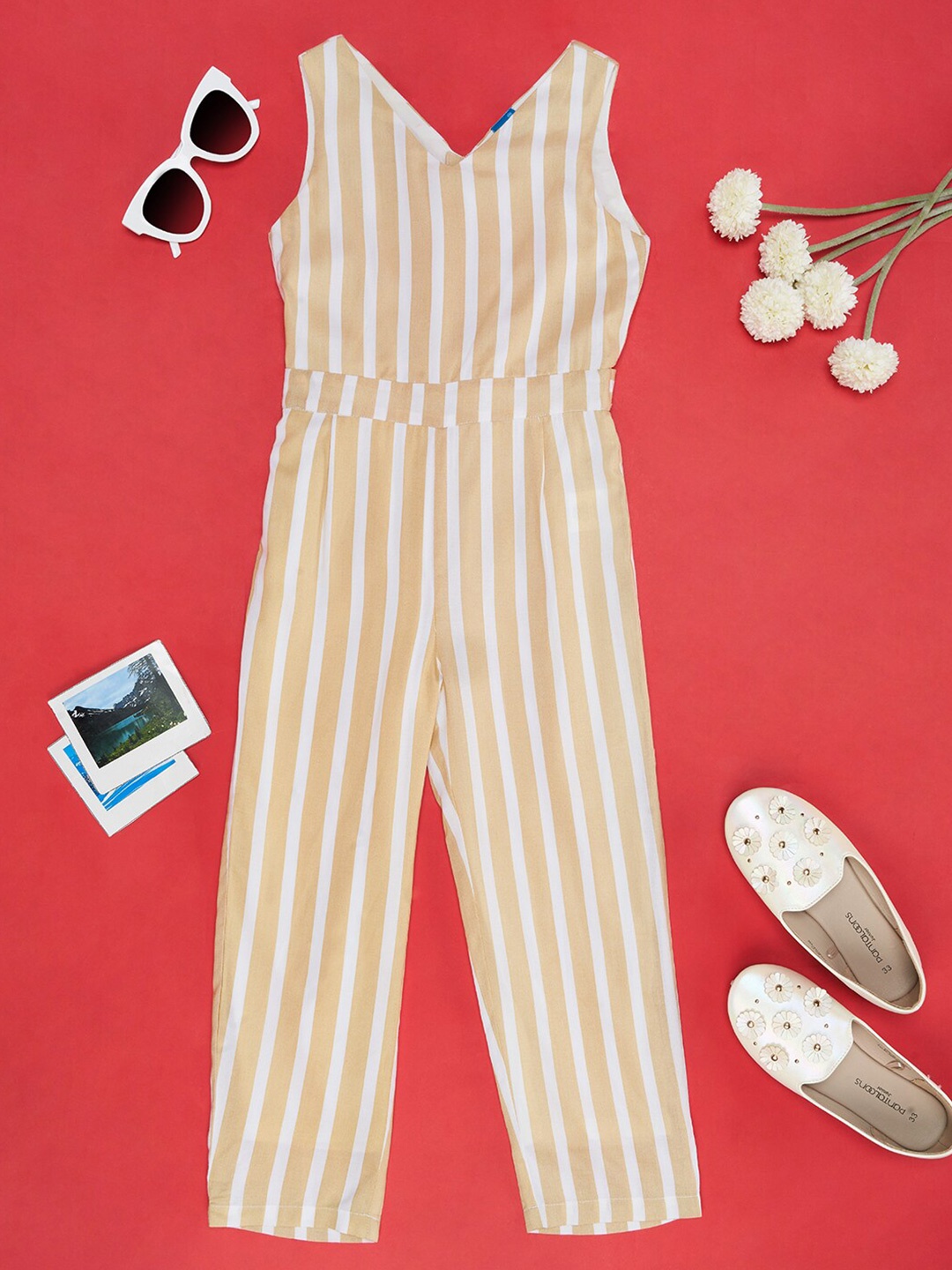

YU by Pantaloons Girls Striped V-Neck Basic Jumpsuit, Beige