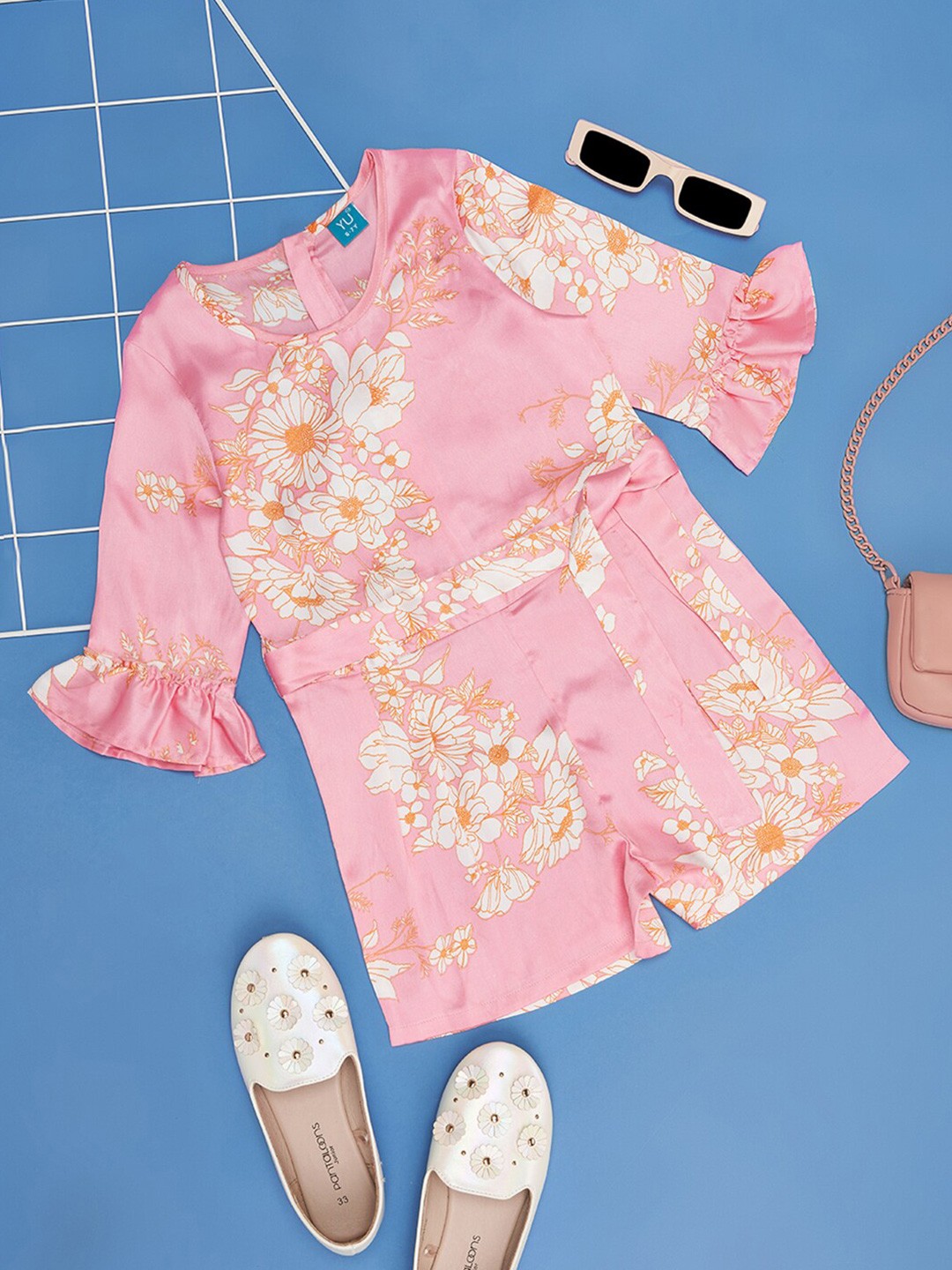 

YU by Pantaloons Girls Floral Printed Bell Sleeve Basic Jumpsuit, Pink