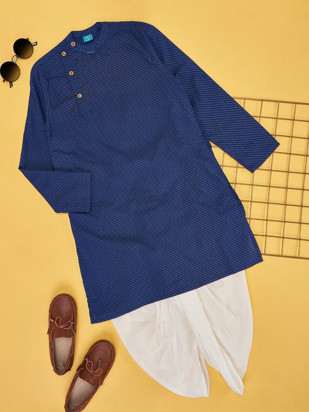

YU by Pantaloons Boys Striped Pure Cotton Kurta with Dhoti Pant, Navy blue