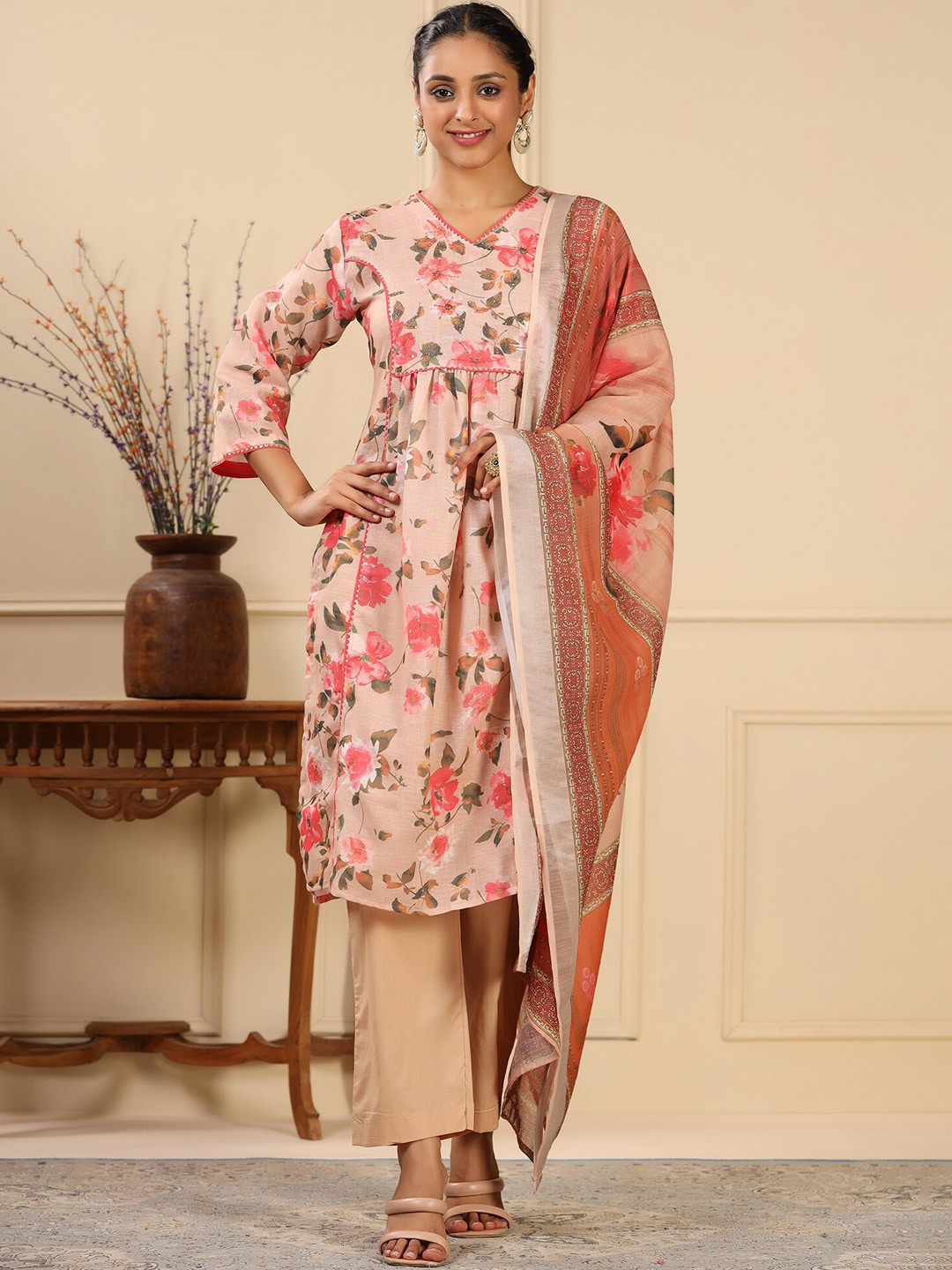 

KALINI Floral Printed V-Neck Three-Quarter Sleeves Pure Cotton Kurta Set, Orange