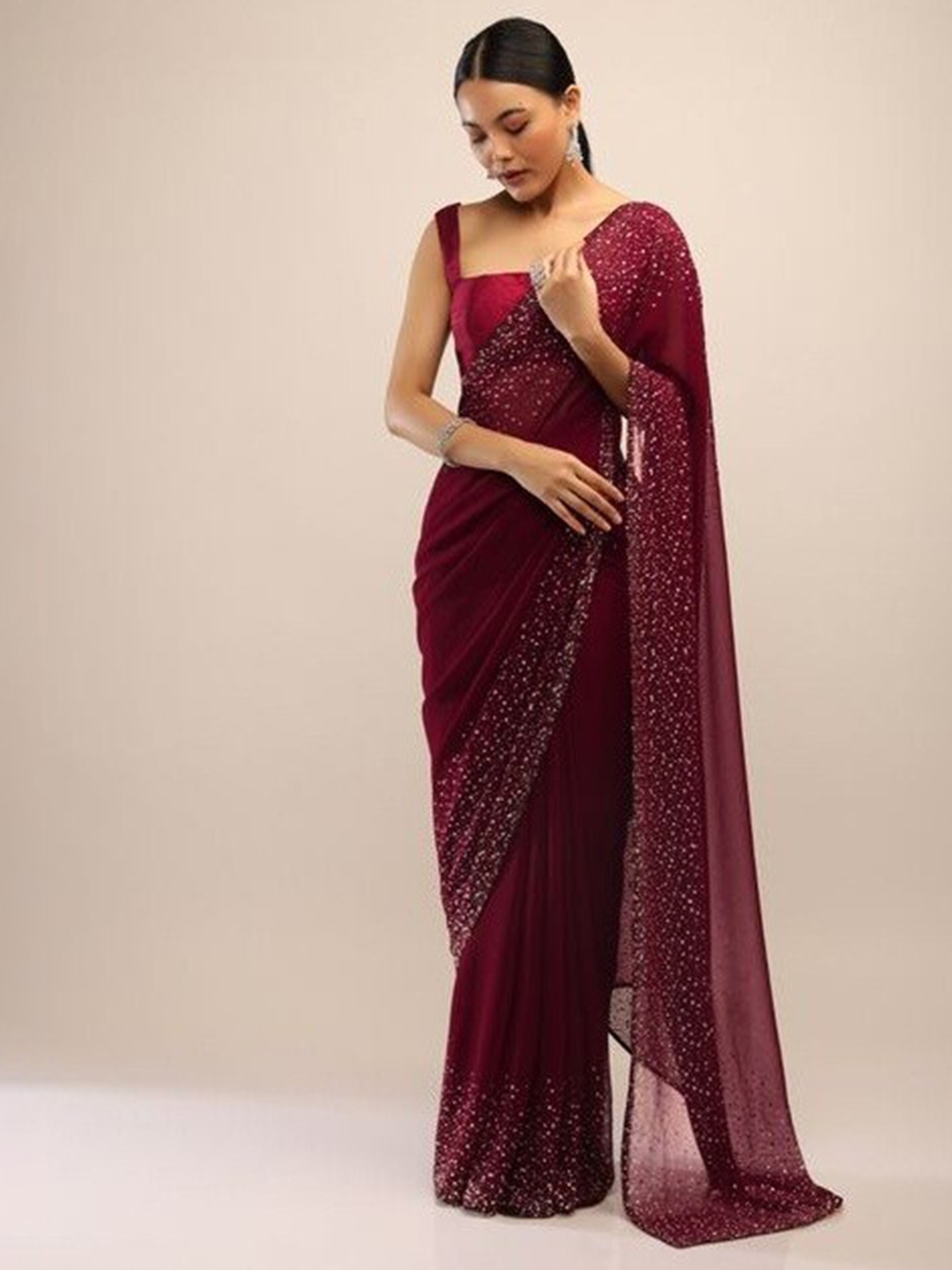 

SWADESI STUFF Beads and Stones Pure Georgette Saree, Maroon