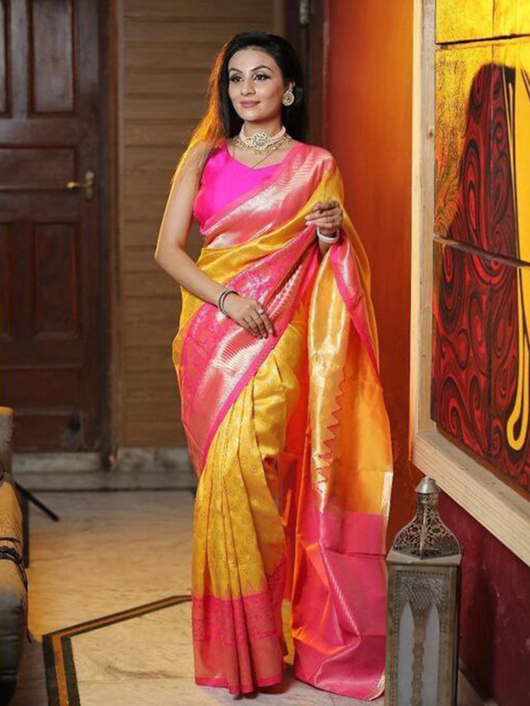 

Naishu Trendz Ethnic Motifs Woven Design Zari Pure Silk Kanjeevaram Saree, Yellow