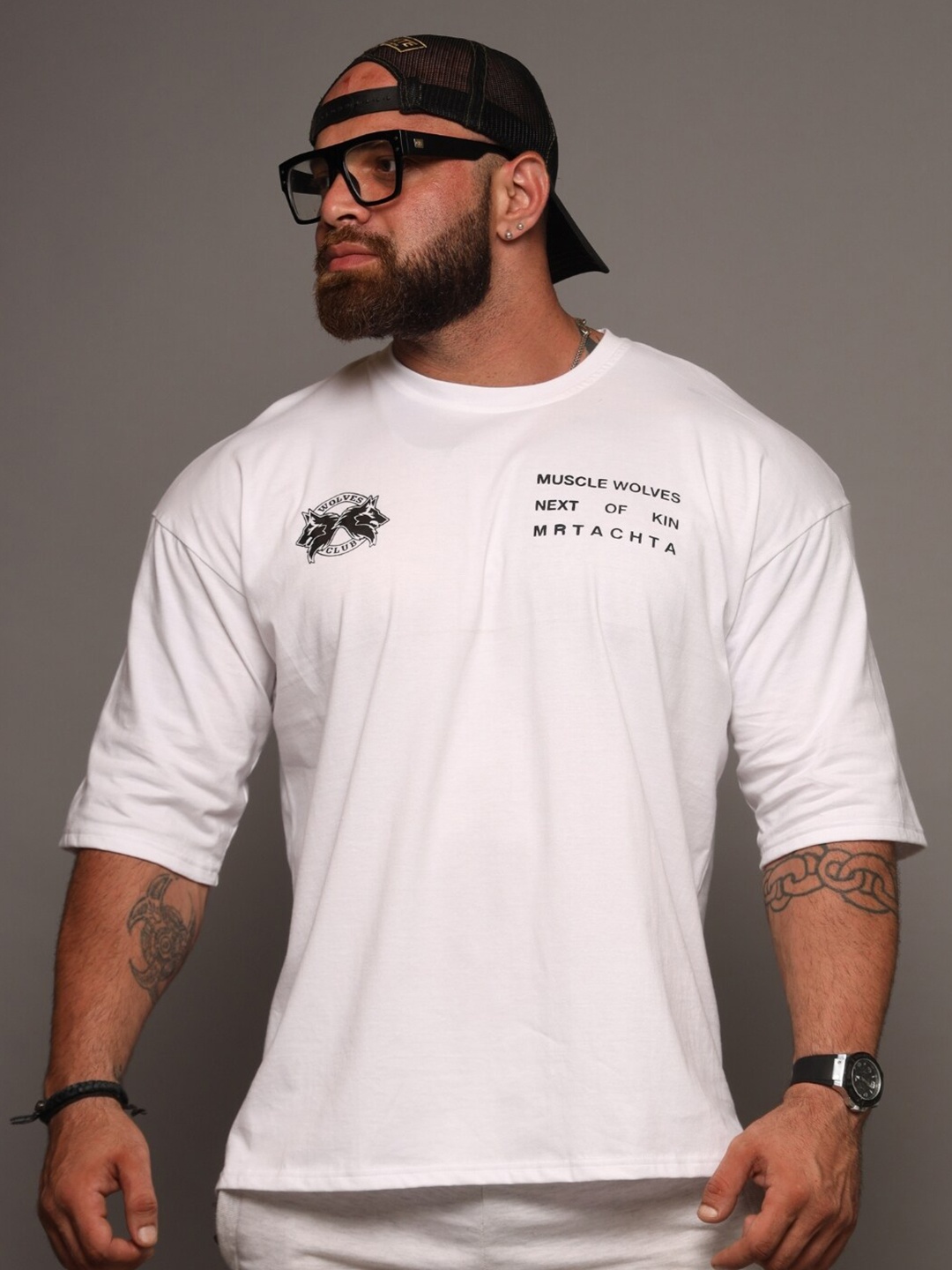 

Muscle Wolves Wild Embers Fire Wolf Graphic Printed Cotton Oversized T-shirt, White