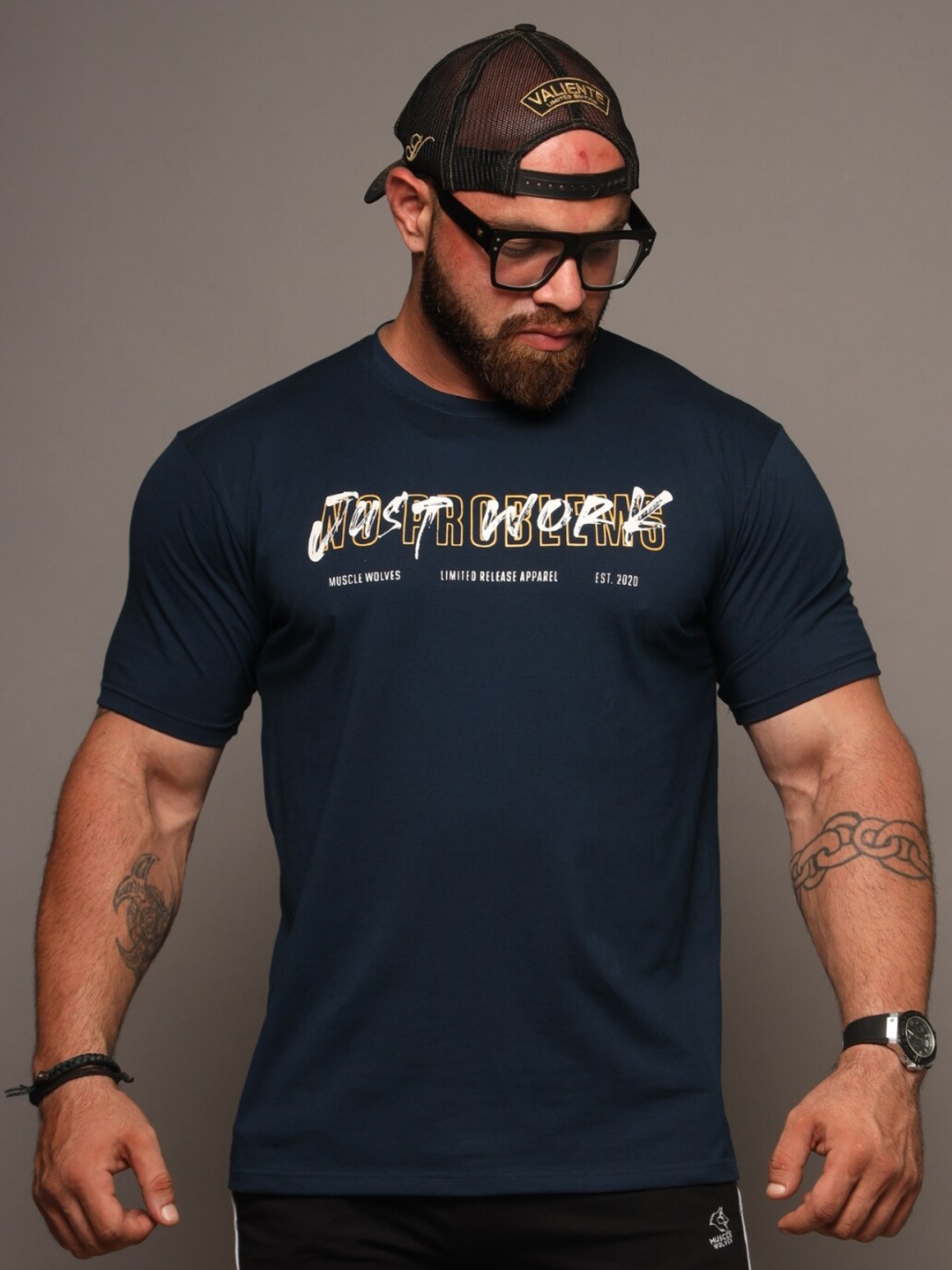 

Muscle Wolves Just Work Typography Printed Cotton T-shirt, Navy blue