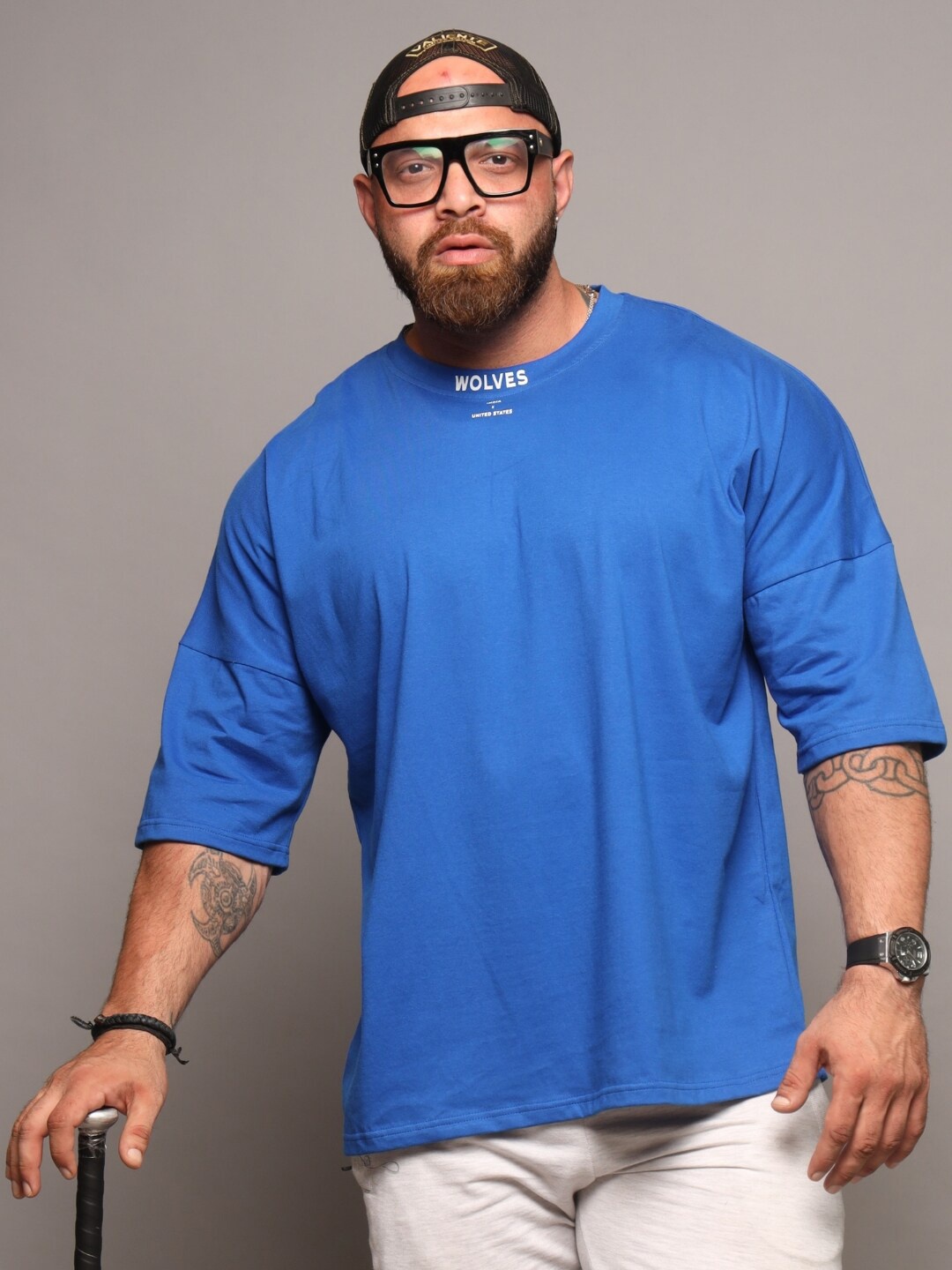 

Muscle Wolves Round Neck Drop-Shoulder Sleeves Cotton Oversized T-shirt, Blue