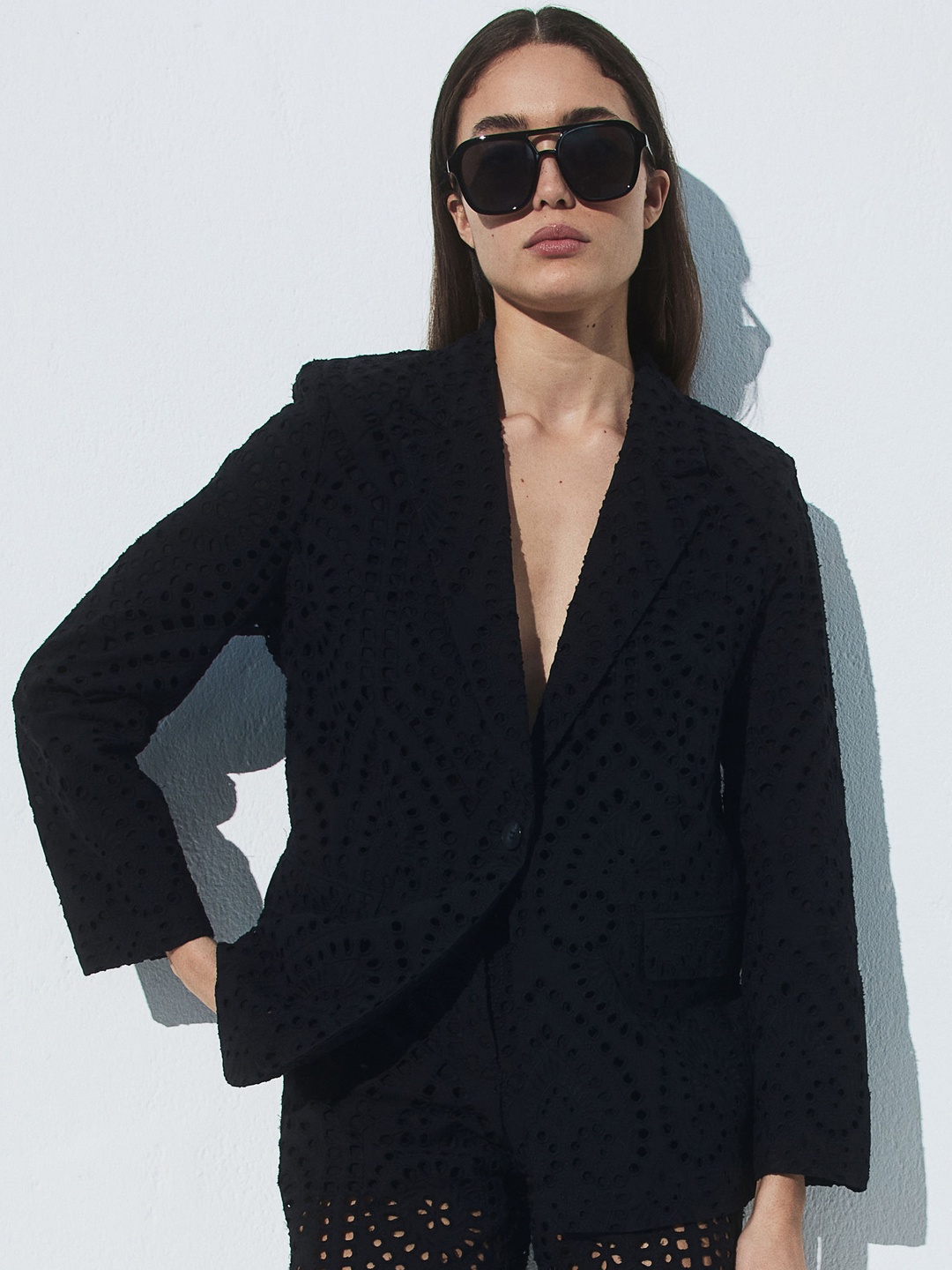 

H&M Pure Cotton Broderie Anglaise Blazer, Black