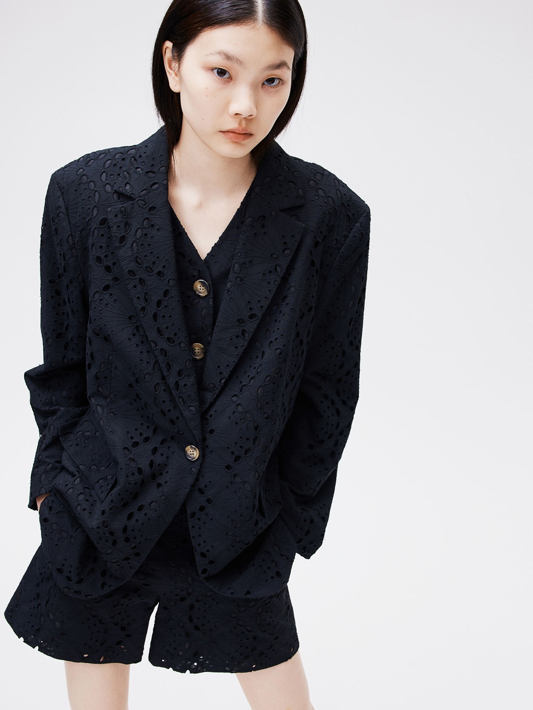 

H&M Pure Cotton Oversized Broderie Anglaise Blazer, Black