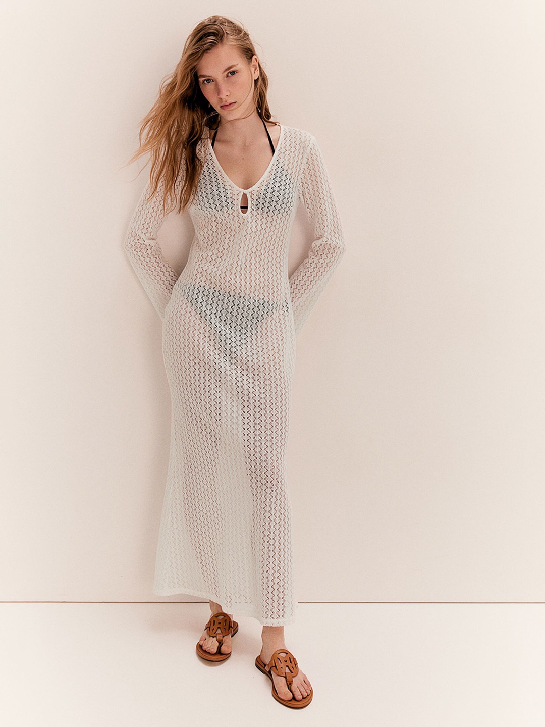 

H&M Crochet-Look Knitted Dress, White