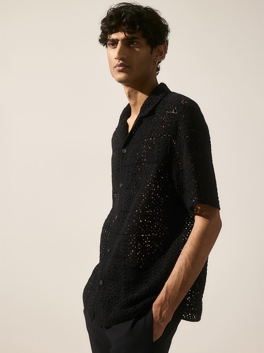 

H&M Regular Fit Crochet-Look Resort Shirt, Black