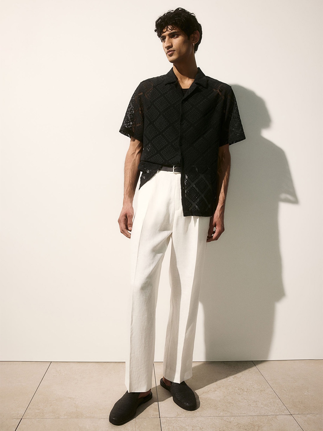 

H&M Regular Fit Crochet-Look Resort Shirt, Black