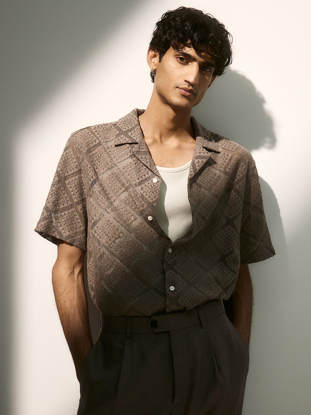

H&M Regular Fit Crochet-Look Resort Shirt, Beige