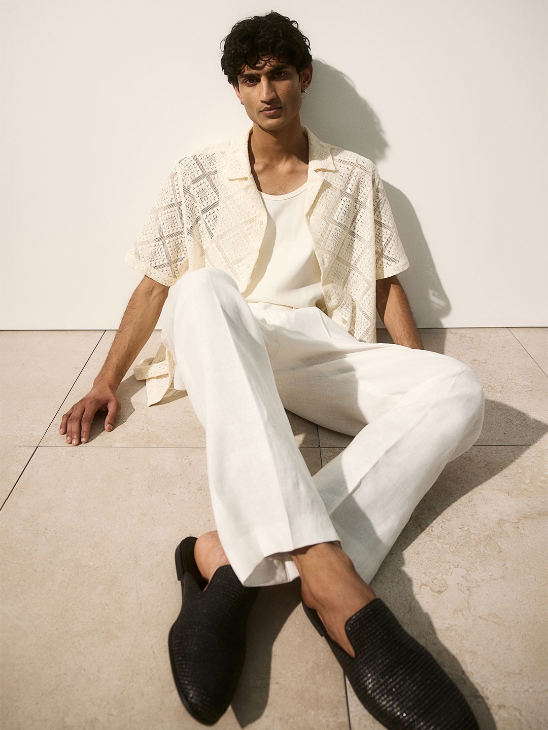 

H&M Regular Fit Crochet-Look Resort Shirt, Cream